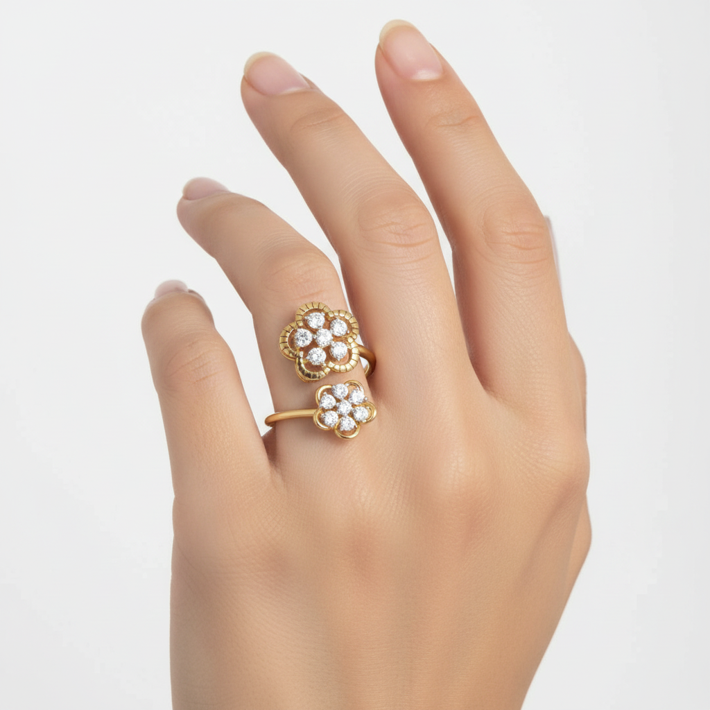 Yellow gold double floral cluster diamond bypass ring on model