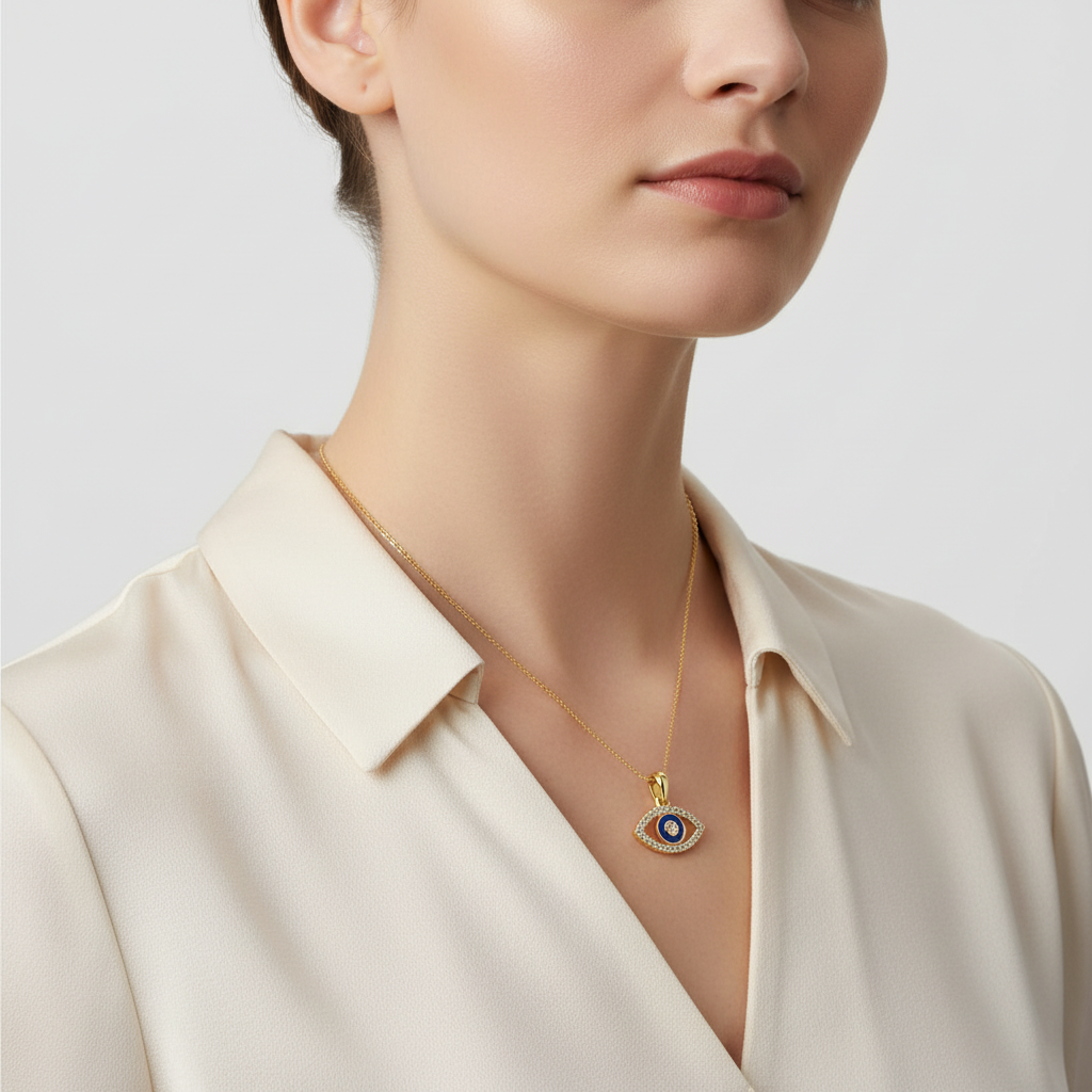Yellow gold evil eye diamond pendant with blue enamel on model