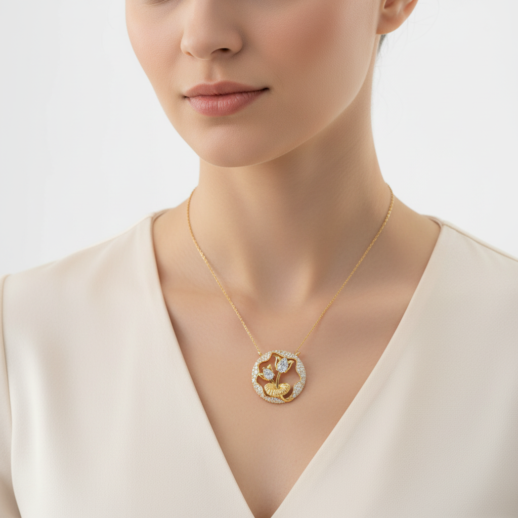 Yellow gold floral diamond pendant with pear-shaped diamonds on model