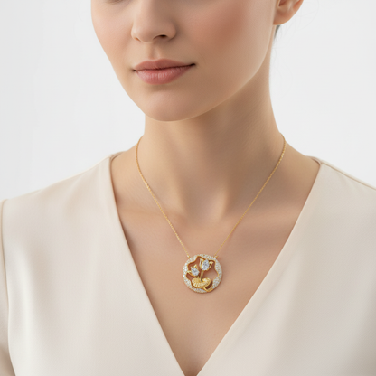 Yellow gold floral diamond pendant with pear-shaped diamonds on model