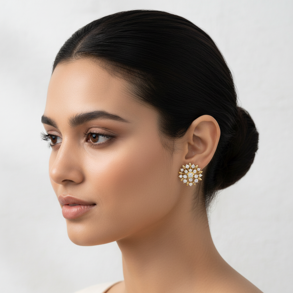 Yellow gold floral starburst diamond stud earrings on model