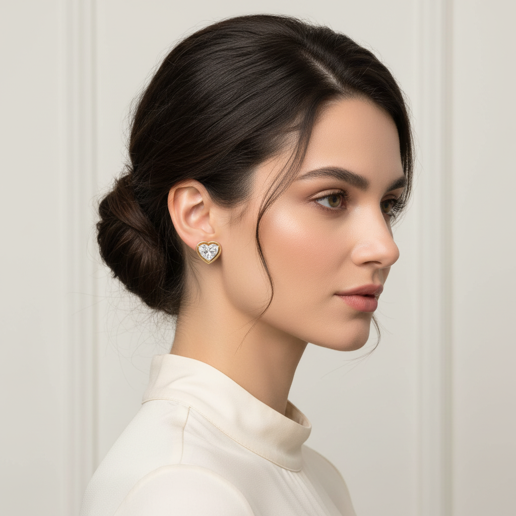 Yellow gold heart-shaped diamond stud earrings on model