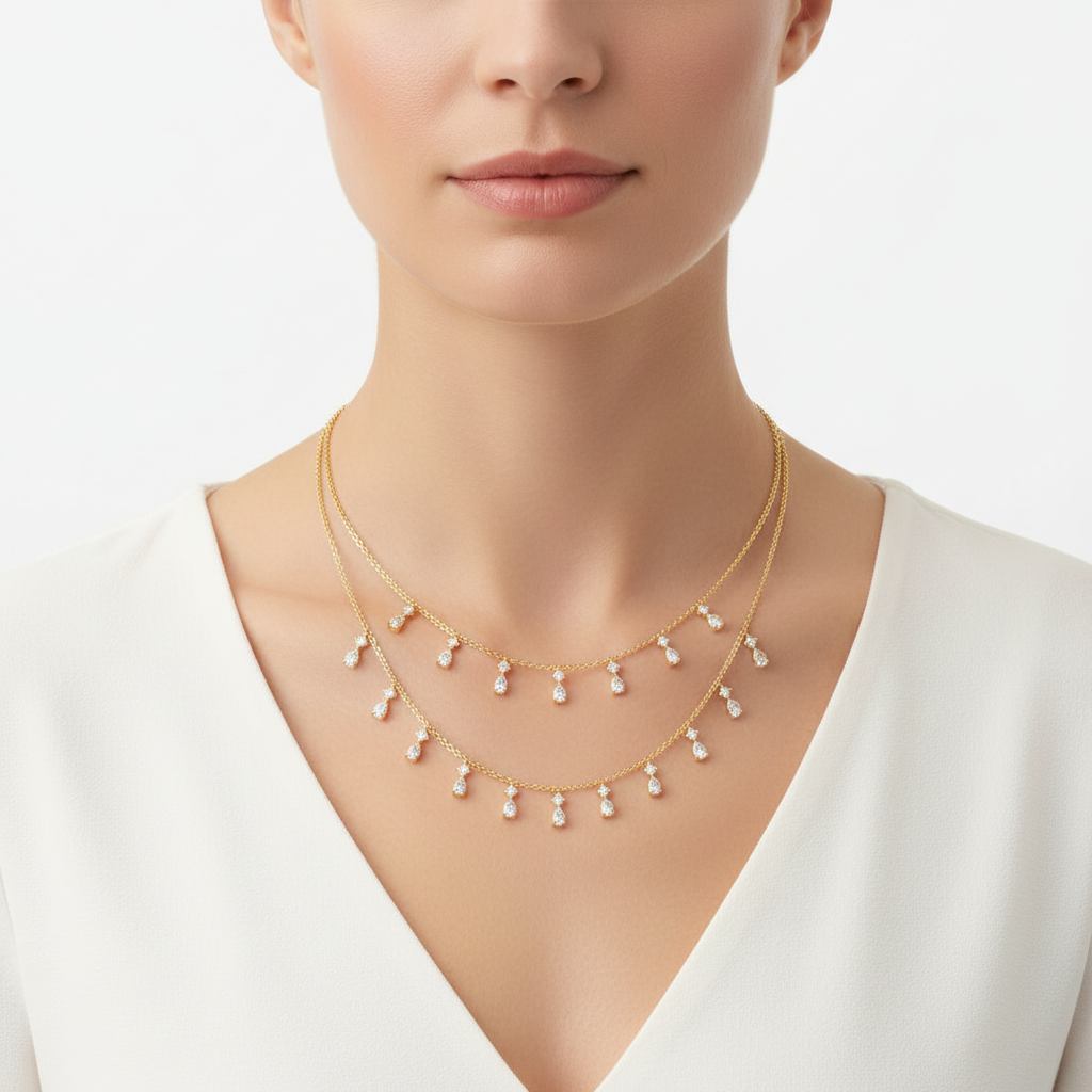 Yellow gold layered diamond fringe necklace on model