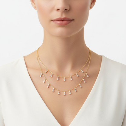 Yellow gold layered diamond fringe necklace on model