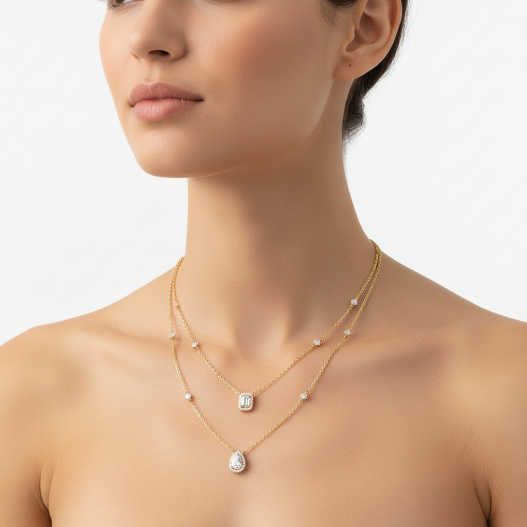 Yellow gold layered diamond necklace on model