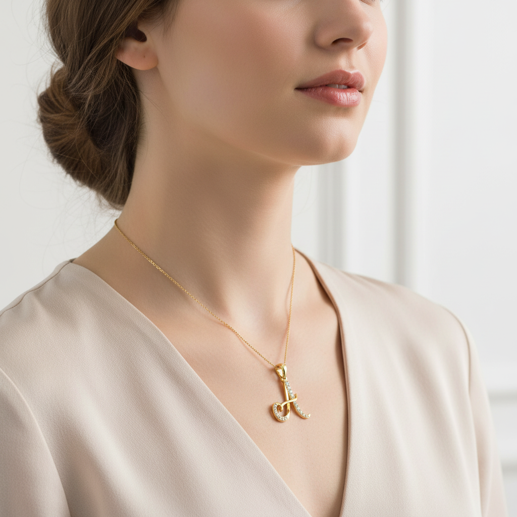 Yellow gold letter "A" diamond pendant on model