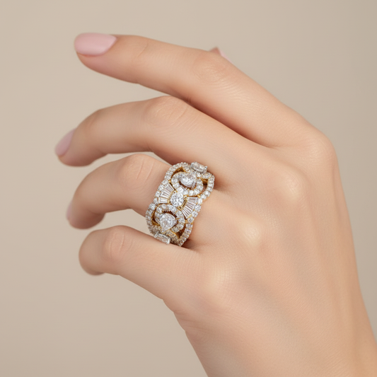 Yellow gold mixed-cut diamond floral cluster eternity band on model