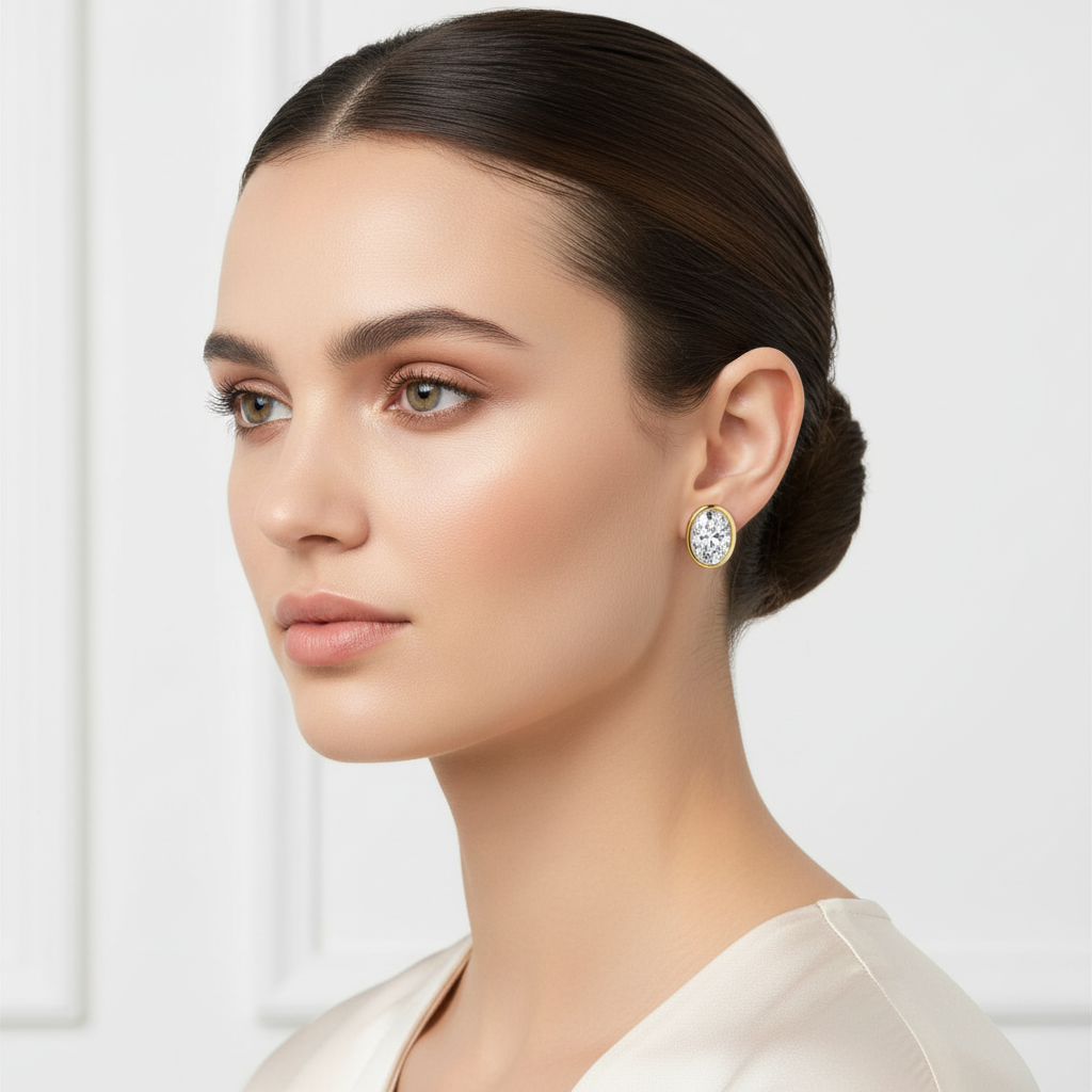 Yellow gold oval diamond bezel-set stud earrings on model