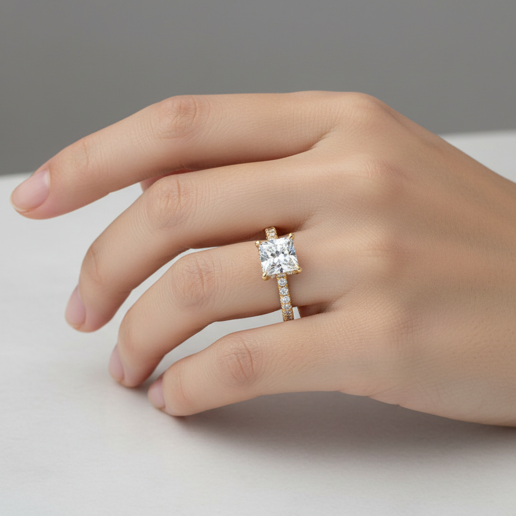 Yellow gold princess-cut diamond engagement ring with hidden halo and pavé band on model