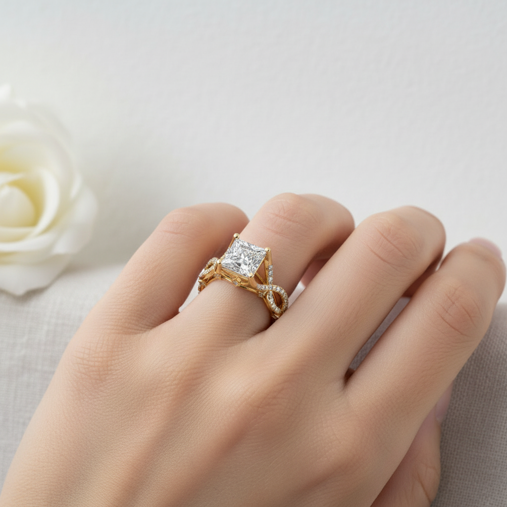 Yellow gold princess-cut diamond engagement ring with intricate split shank and scattered diamond accents on model