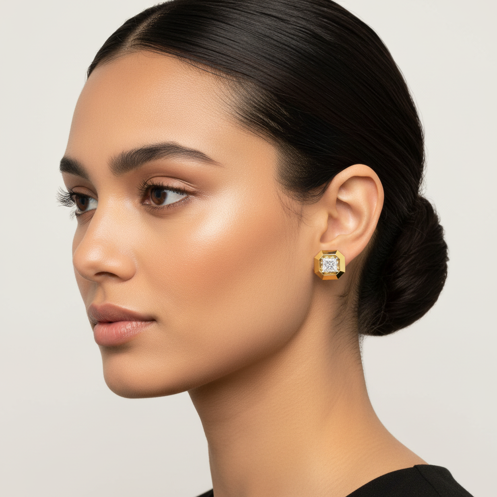 Yellow gold princess-cut diamond octagonal bezel stud earrings on model
