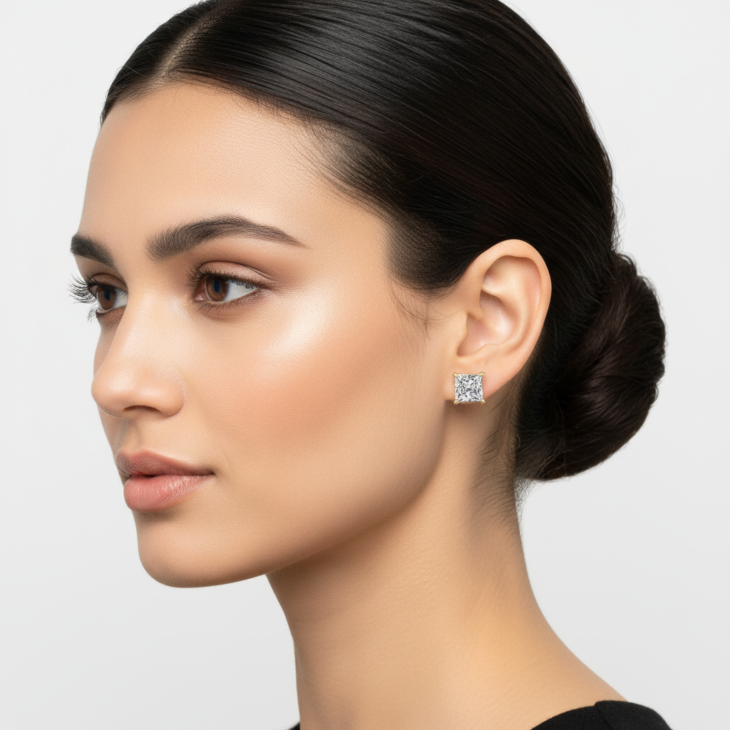 Yellow gold princess-cut diamond stud earrings on model
