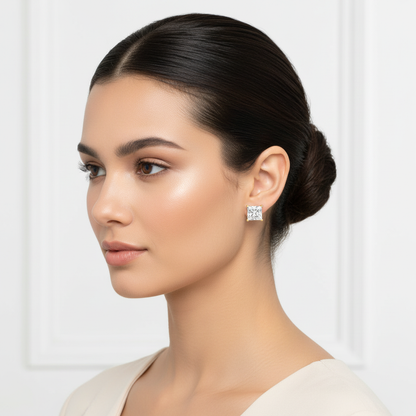 Yellow gold princess-cut diamond stud earrings on model