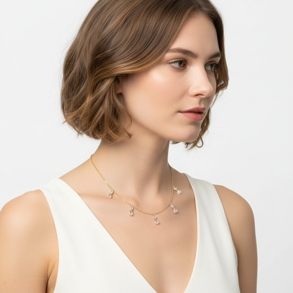 Yellow gold rose-cut diamond fringe necklace on model