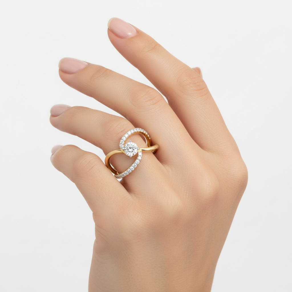 Yellow gold round brilliant diamond crossover bypass ring with pavé accents on model