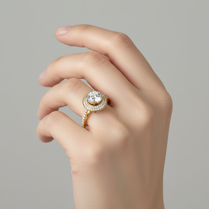 Yellow gold round brilliant diamond double halo engagement ring with pavé band on model