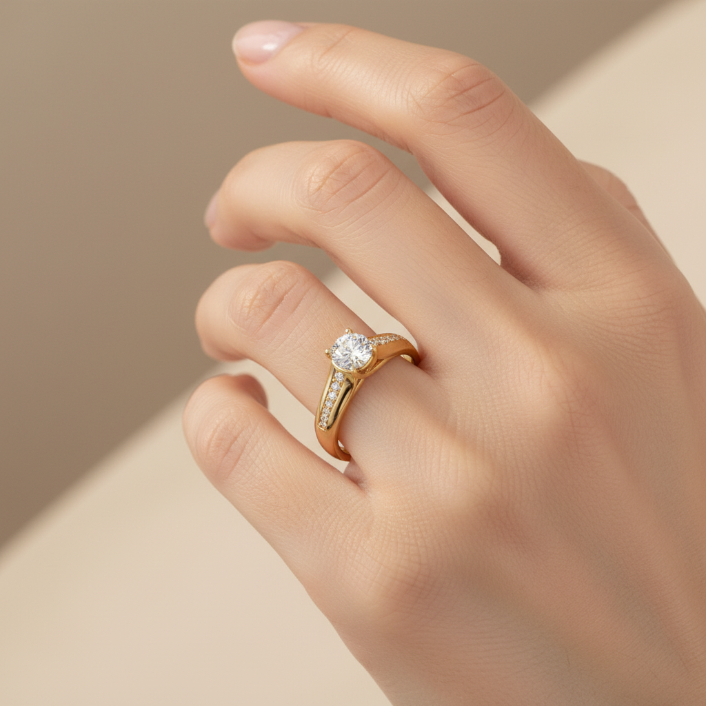 Yellow gold round brilliant diamond engagement ring with cathedral setting and pavé accents on model