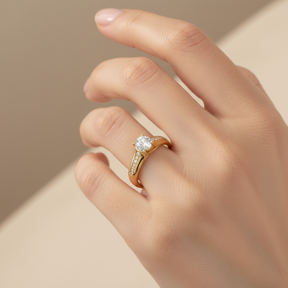 Yellow gold round brilliant diamond engagement ring with cathedral setting and pavé accents on model