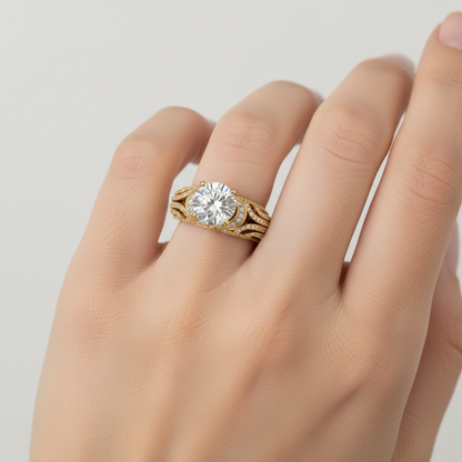 Yellow gold round brilliant diamond engagement ring with elaborate triple-row pavé band and intricate lattice gallery on model