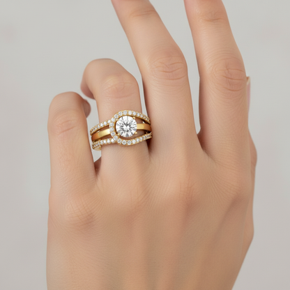 Yellow gold round brilliant diamond engagement ring with triple-row split shank on model