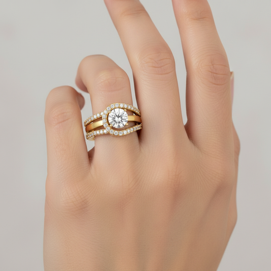 Yellow gold round brilliant diamond engagement ring with triple-row split shank on model