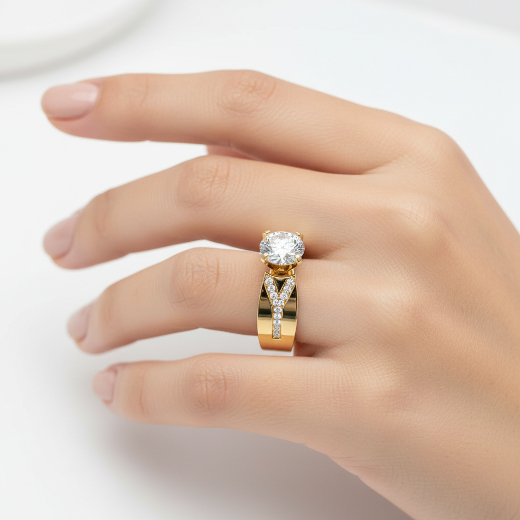 Yellow gold round brilliant diamond engagement ring with wide channel-set pavé band on model