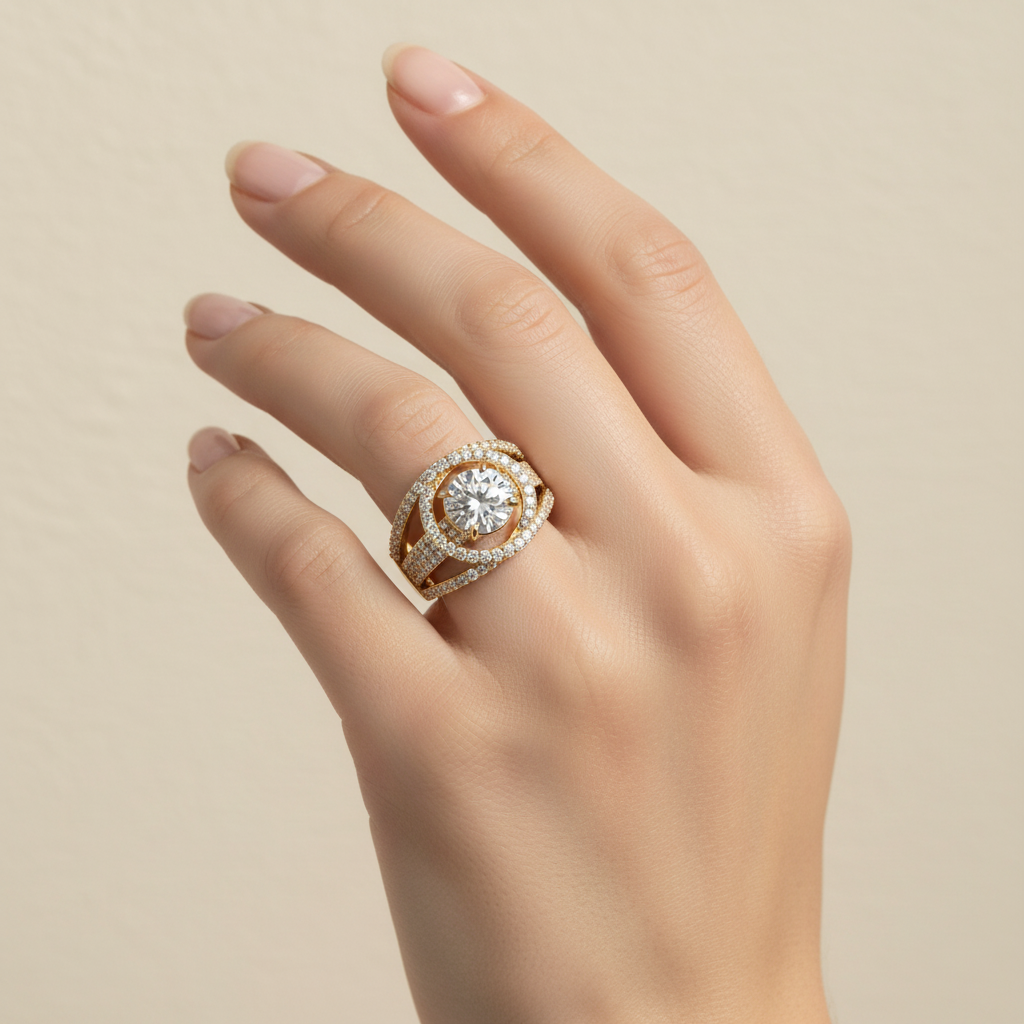 Yellow gold round brilliant diamond halo engagement ring with triple-row split shank pavé band on model