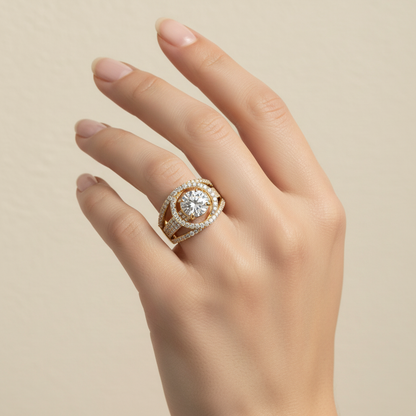 Yellow gold round brilliant diamond halo engagement ring with triple-row split shank pavé band on model