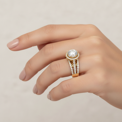 Yellow gold round brilliant diamond halo engagement ring with triple-row split shank pavé band on model