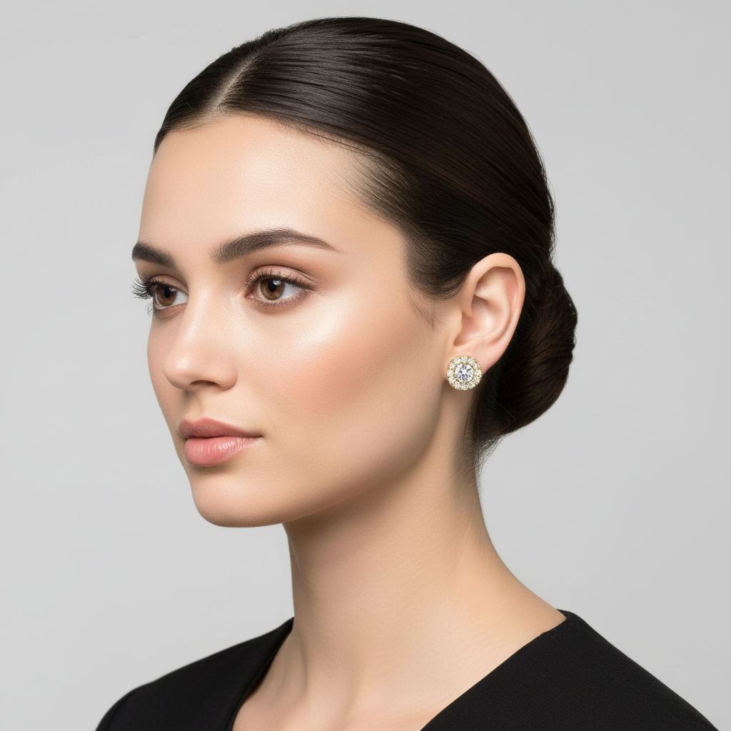 Yellow gold round brilliant diamond halo stud earrings on model