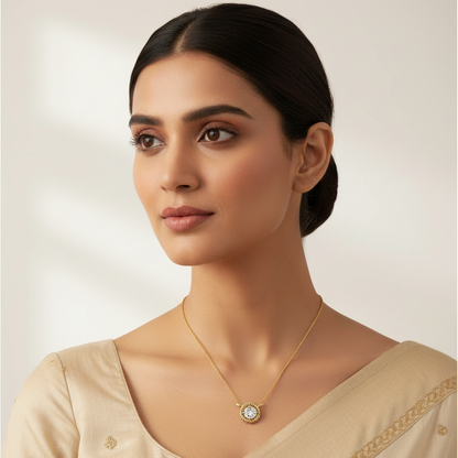Yellow gold round brilliant diamond mangalsutra pendant with rope-twist halo on model