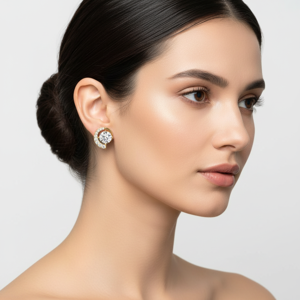 Yellow gold round brilliant diamond open halo stud earrings on model