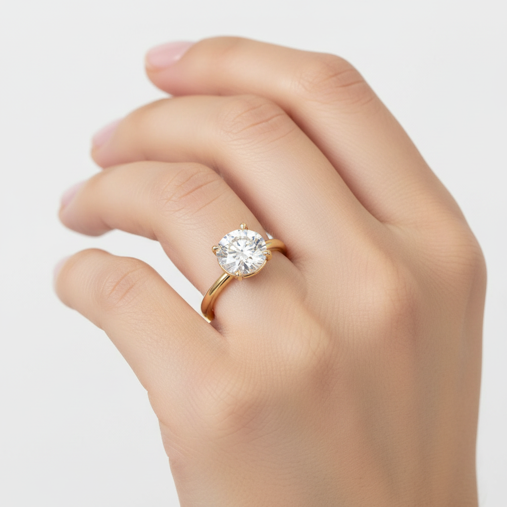Yellow gold round brilliant diamond solitaire engagement ring on model