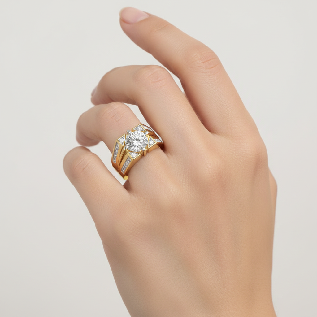 Yellow gold round brilliant diamond statement ring with architectural channel-set shoulders on model
