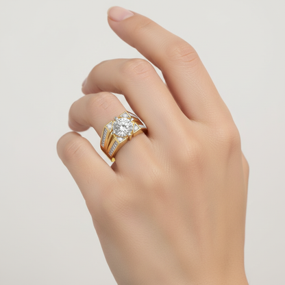 Yellow gold round brilliant diamond statement ring with architectural channel-set shoulders on model