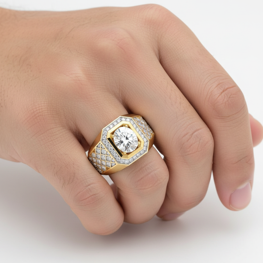 Yellow gold round brilliant diamond statement ring with geometric lattice design on male model