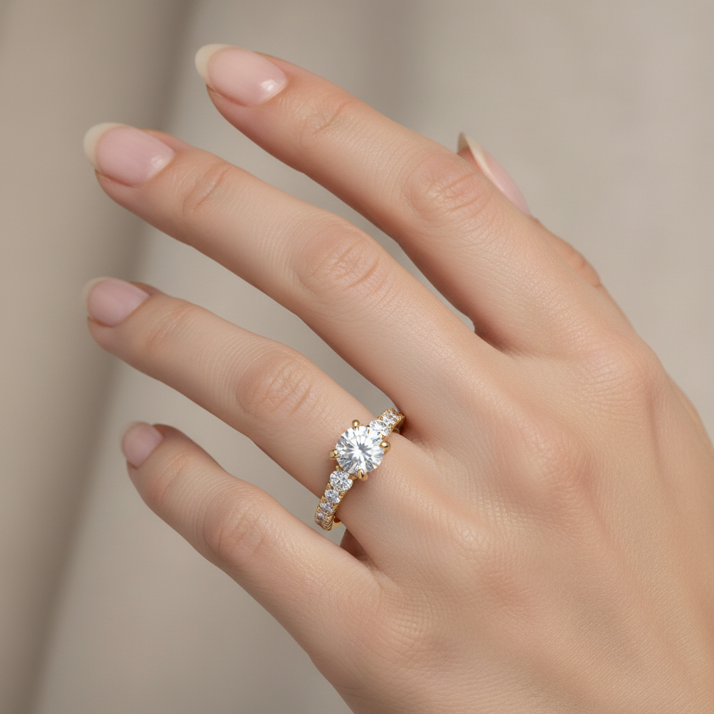 Yellow gold round brilliant diamond three-stone engagement ring with pavé band on model