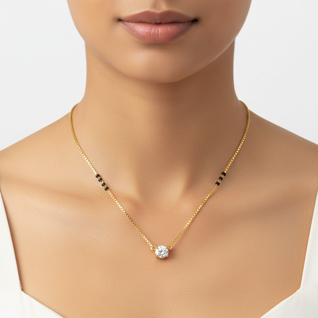 Yellow gold round diamond solitaire pendant necklace on model