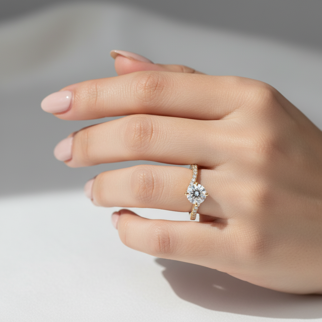 Yellow gold twisted pavé diamond engagement ring on model